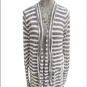 Free People Ladies Sweater Gray‎ and White Striped Long Open Front Soft Cotton